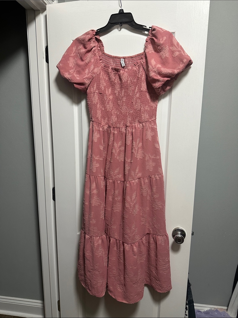 Blush Pink Puff Sleeve Tiered Midi Dress